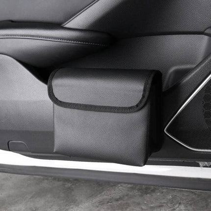 Leather Car Folding Trash Can for Seatback Storage – compact leather car trash bin mounted on door keeping cabin tidy