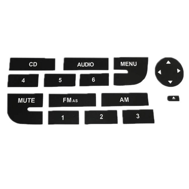 Repair Stickers for Fiat Grand Punto Multimedia Radio Buttons, 2 Pack - black button labels set for CD AUDIO MENU MUTE FM AM 1-6