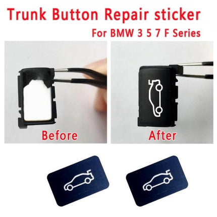 Set of 2 PVC Repair Stickers for BMW 3/5/7 Series Trunk Switches - before and after trunk button repair, night-visible PVC adhesive decals