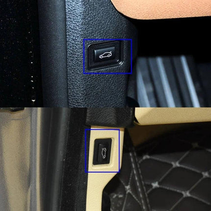 Set of 2 PVC Repair Stickers for BMW 3/5/7 Series Trunk Switches - closeup of black trunk switch repair stickers installed on interior panels