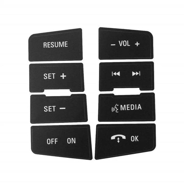 Repair Patch for Ford Focus 2008-2010 Steering Wheel Buttons - black PVC button patches labeled RESUME, VOL, SET, MEDIA, OFF/ON, OK for restoring faded controls