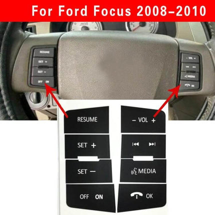 Repair Patch for Ford Focus 2008-2010 Steering Wheel Buttons showing black PVC button stickers applied to left and right steering wheel controls