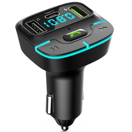 Car Bluetooth MP3 Player With Ambient Light Charger black FM transmitter with dual USB and Type-C ports, LED display and hands-free call button