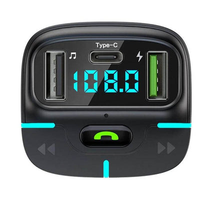Car Bluetooth MP3 Player With Ambient Light Charger showing dual USB ports, Type-C, digital FM display and hands-free call button