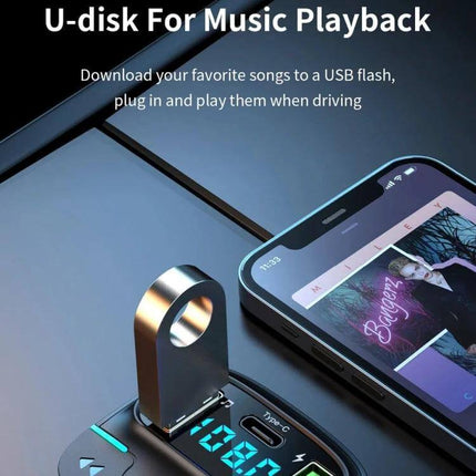 Car Bluetooth MP3 Player With Ambient Light Charger showing USB U-disk playback, Type-C port and phone streaming with ambient light display