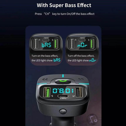 Car Bluetooth MP3 Player With Ambient Light Charger showing LED display, dual USB ports, Type-C, bass effect indicator and ambient light