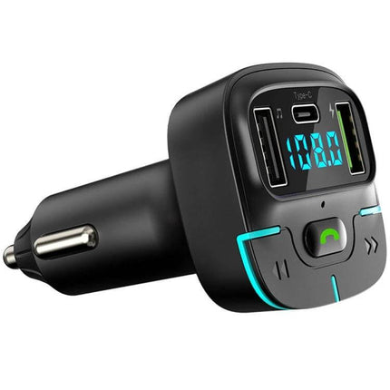 Car Bluetooth MP3 Player With Ambient Light Charger showing dual USB ports, Type-C, LED display and ambient light in-car FM transmitter