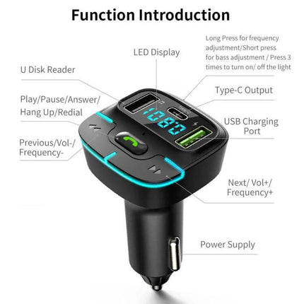 Car Bluetooth MP3 Player With Ambient Light Charger showing LED display, USB and Type-C ports, hands-free call button and ambient light accents