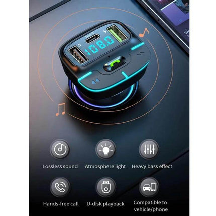 Car Bluetooth MP3 Player With Ambient Light Charger compact FM transmitter with dual USB Type-C ports, LED display, hands-free mic and ambient light