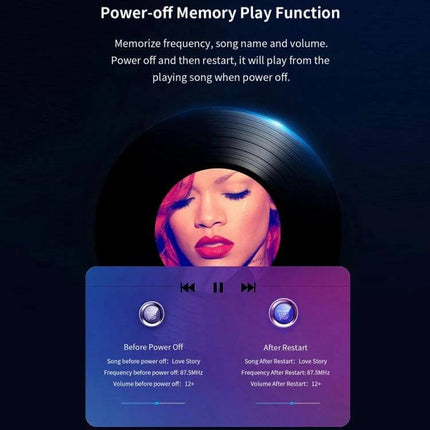 Car Bluetooth MP3 Player With Ambient Light Charger showing power-off memory play function and vinyl-style interface with play controls