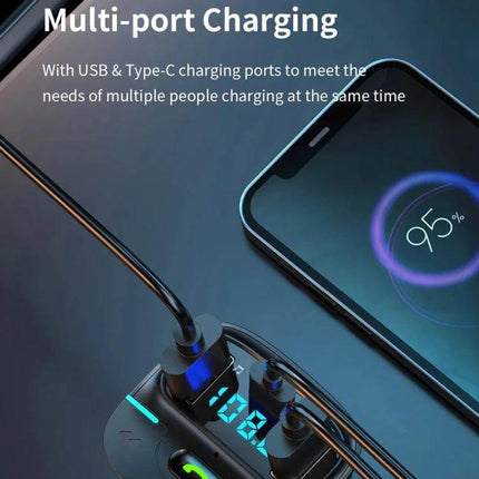 Car Bluetooth MP3 Player With Ambient Light Charger showing USB and Type-C multi-port charging with phone displaying 95% battery