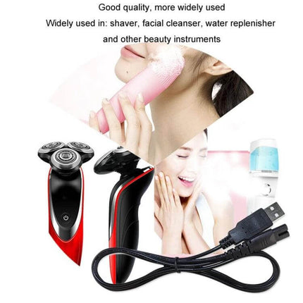 1.25m USB Shaver Charging Cable For Daily Grooming shown with shaver, facial cleanser and USB plug cable for travel and home use