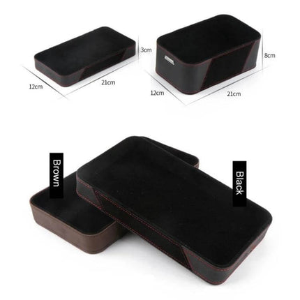 Car Multifunctional Dashboard Armrest Box Water Cup Storage Box Large black suede armrest box with red stitch, dimensions 21x12x8cm shown, also brown small 21x12x3cm