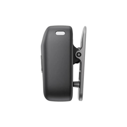 DJI Mic Mini Transmitter for Everyday Audio Recording shown clipped on clothing, ultra-light 10g compact transmitter for vlogs and interviews