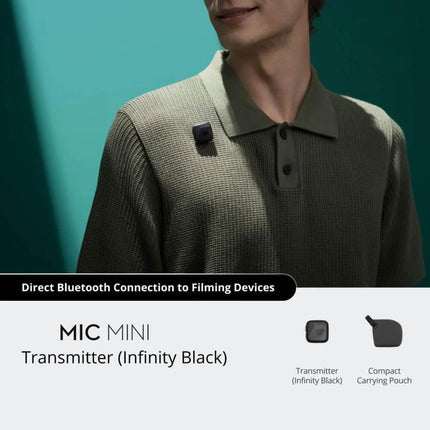 DJI Mic Mini Transmitter for Everyday Audio Recording worn on shirt - ultra-light 10g infinity black transmitter for vlogs and interviews