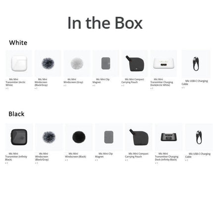 DJI Mic Mini Transmitter for Everyday Audio Recording showing in-the-box contents for white and black sets