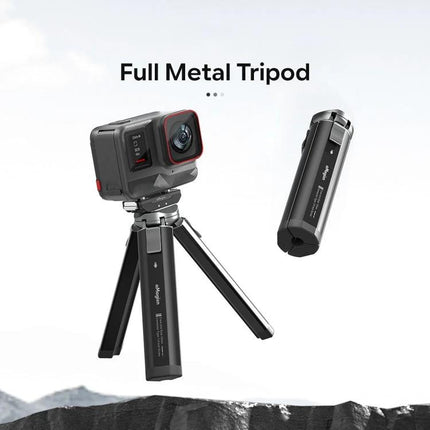aMagisn Mini Metal Desktop Tripod for Cameras and SLR Accessories compact full-metal tabletop tripod with action camera mounted and folded view