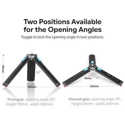 aMagisn Mini Metal Desktop Tripod for Cameras and SLR Accessories showing two opening angles (30° and 75°) with measurements for compact desktop use