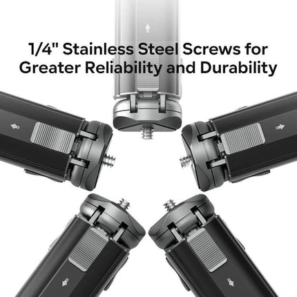aMagisn Mini Metal Desktop Tripod for Cameras and SLR Accessories showing 1/4" stainless steel screw and compact metal legs for stability