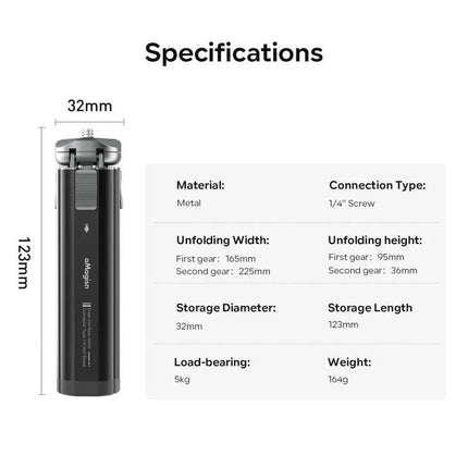 aMagisn Mini Metal Desktop Tripod for Cameras and SLR Accessories compact 123mm metal tripod specs, 32mm diameter, 5kg load, 1/4" screw