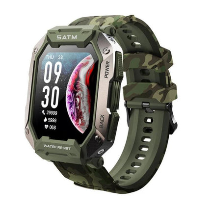 C20Plus Smart Watch for Daily Wear and Connectivity rugged camo smartwatch showing step count, heart rate, and message notifications