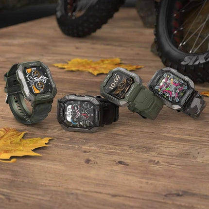 C20Plus Smart Watch for Daily Wear and Connectivity displaying multiple rugged watch faces and activity tracking on wooden table