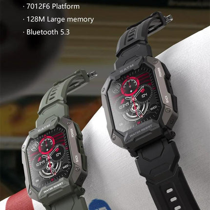 C20Plus Smart Watch for Daily Wear and Connectivity rugged dual-tone smartwatch showing red digital dial, heart-rate and step tracking, Bluetooth and notifications