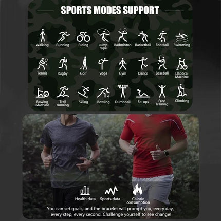 C20Plus Smart Watch for Daily Wear and Connectivity showing sports modes icons and runners tracking steps heart rate notifications