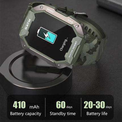 C20Plus Smart Watch for Daily Wear and Connectivity showing charging screen, camouflage band, 410 mAh battery and 20-30 days battery life