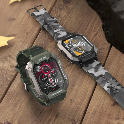 C20Plus Smart Watch for Daily Wear and Connectivity rugged camo sport watch showing step count, heart rate and notifications on wooden surface