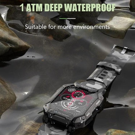 C20Plus Smart Watch for Daily Wear and Connectivity showing camo strap rugged waterproof design in shallow water with activity and heart-rate display
