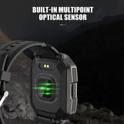 C20Plus Smart Watch for Daily Wear and Connectivity showing built-in multipoint optical heart rate sensor illuminated