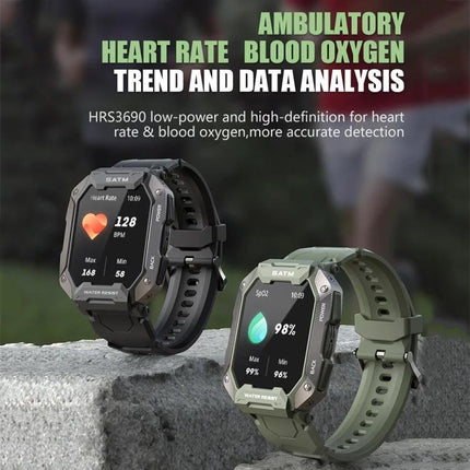 C20Plus Smart Watch for Daily Wear and Connectivity showing heart rate and blood oxygen tracking on two rugged smartwatch displays