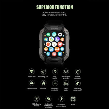 C20Plus Smart Watch for Daily Wear and Connectivity - rugged smartwatch showing app icons, heart rate, steps, notifications, sleep and waterproof features