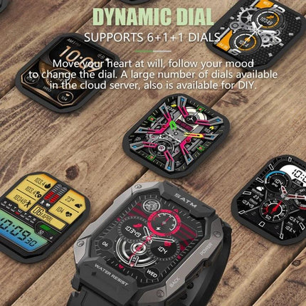 C20Plus Smart Watch for Daily Wear and Connectivity displaying multiple dynamic watch dials on wooden surface
