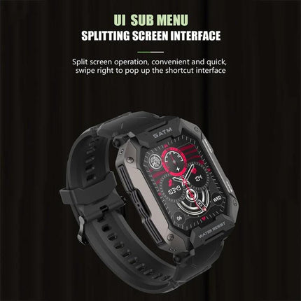 C20Plus Smart Watch for Daily Wear and Connectivity showing rugged black smartwatch with split-screen UI and activity tracking
