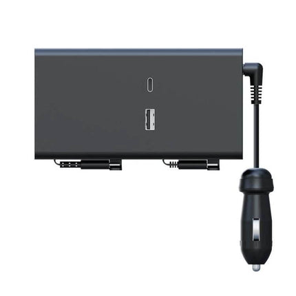 Rear Seat Car Charger With Retractable Dual-Wire Cables - black ABS rear-seat charger with USB-C and 8-pin retractable cables, cigarette lighter plug