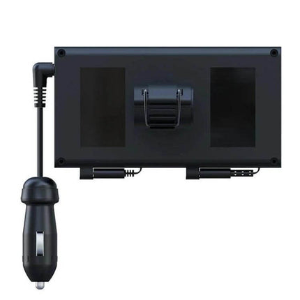 Rear Seat Car Charger With Retractable Dual-Wire Cables rear-view of ABS housing, retractable USB-C and 8-pin cables and cigarette lighter plug