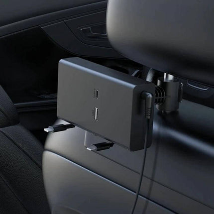 Rear Seat Car Charger With Retractable Dual-Wire Cables installed behind headrest showing USB-C and 8-pin retractable cables and ABS housing