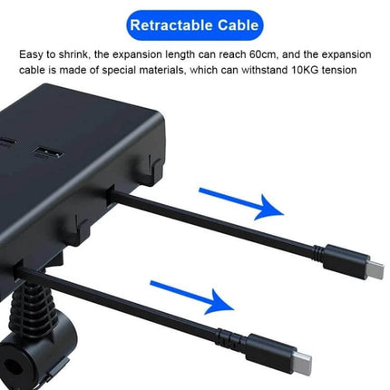 Rear Seat Car Charger With Retractable Dual-Wire Cables showing retractable USB-C and 8-pin cables, ABS housing installed behind headrest