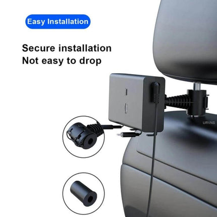 Rear Seat Car Charger With Retractable Dual-Wire Cables mounted behind headrest showing secure installation, ABS housing and retractable USB-C and 8-pin cables