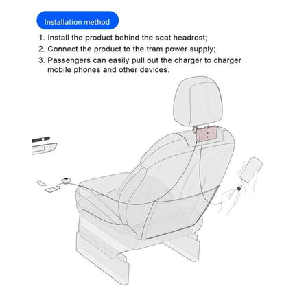 Rear Seat Car Charger With Retractable Dual-Wire Cables installed behind headrest showing USB-C and 8-pin retractable cables