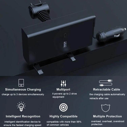 Rear Seat Car Charger With Retractable Dual-Wire Cables mounted behind headrest showing USB-C and 8-pin retractable cables, ABS shell and car adapter