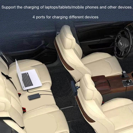 Rear Seat Car Charger With Retractable Dual-Wire Cables mounted behind headrest charging laptops, tablets and phones with USB-C and 8-pin retractable cables
