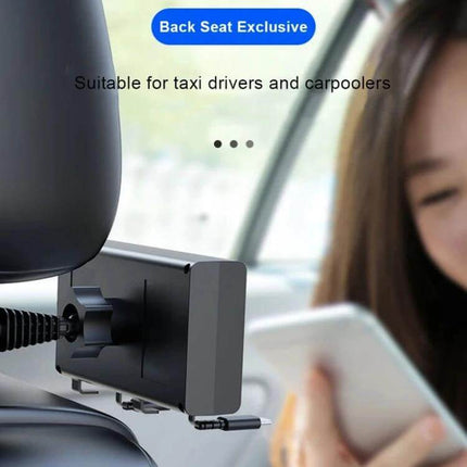 Rear Seat Car Charger With Retractable Dual-Wire Cables installed behind headrest showing USB-C and 8-pin retractable cords, rear passenger charging