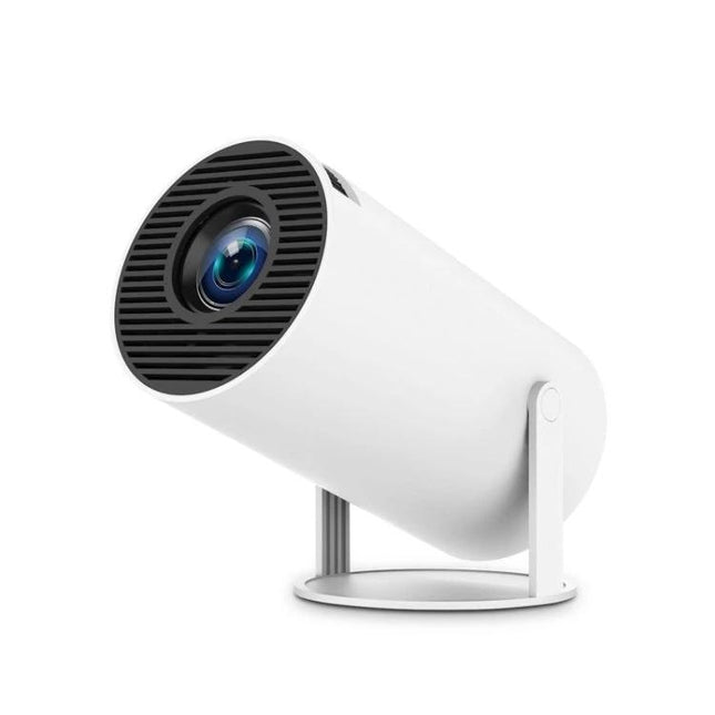 Portable Smart Projector with Android for Home Streaming compact white cylinder projector on adjustable stand, built-in WiFi and Bluetooth