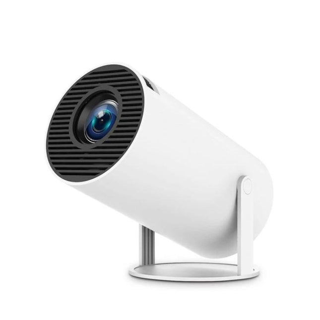 Portable Smart Projector with Android for Home Streaming - compact white cylindrical projector with built-in WiFi and Bluetooth for home use