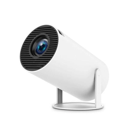Portable Smart Projector with Android for Home Streaming angled white cylindrical projector with stand, built-in WiFi and Bluetooth for home use