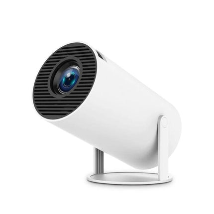 Portable Smart Projector with Android for Home Streaming, white cylinder design with lens, built‑in WiFi and Bluetooth for home use