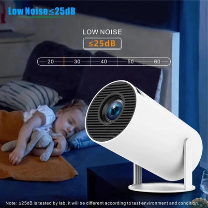 Portable Smart Projector with Android for Home Streaming showing quiet ≤25dB operation beside sleeping child